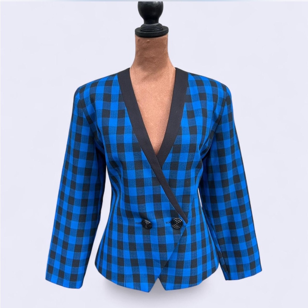 Via Sant Andrea vintage blue & black checkered blazer w shoulder pads